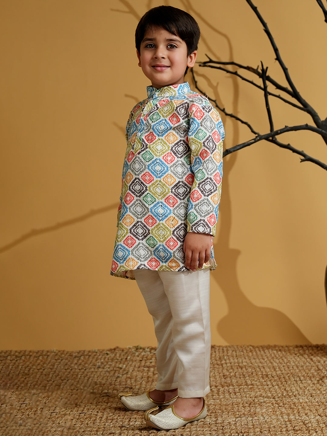 Multi Color Silk Blend Full Sleeves Printed Kurta Pyjama Set