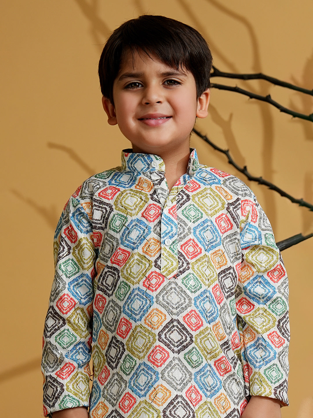 Multi Color Silk Blend Full Sleeves Printed Kurta Pyjama Set