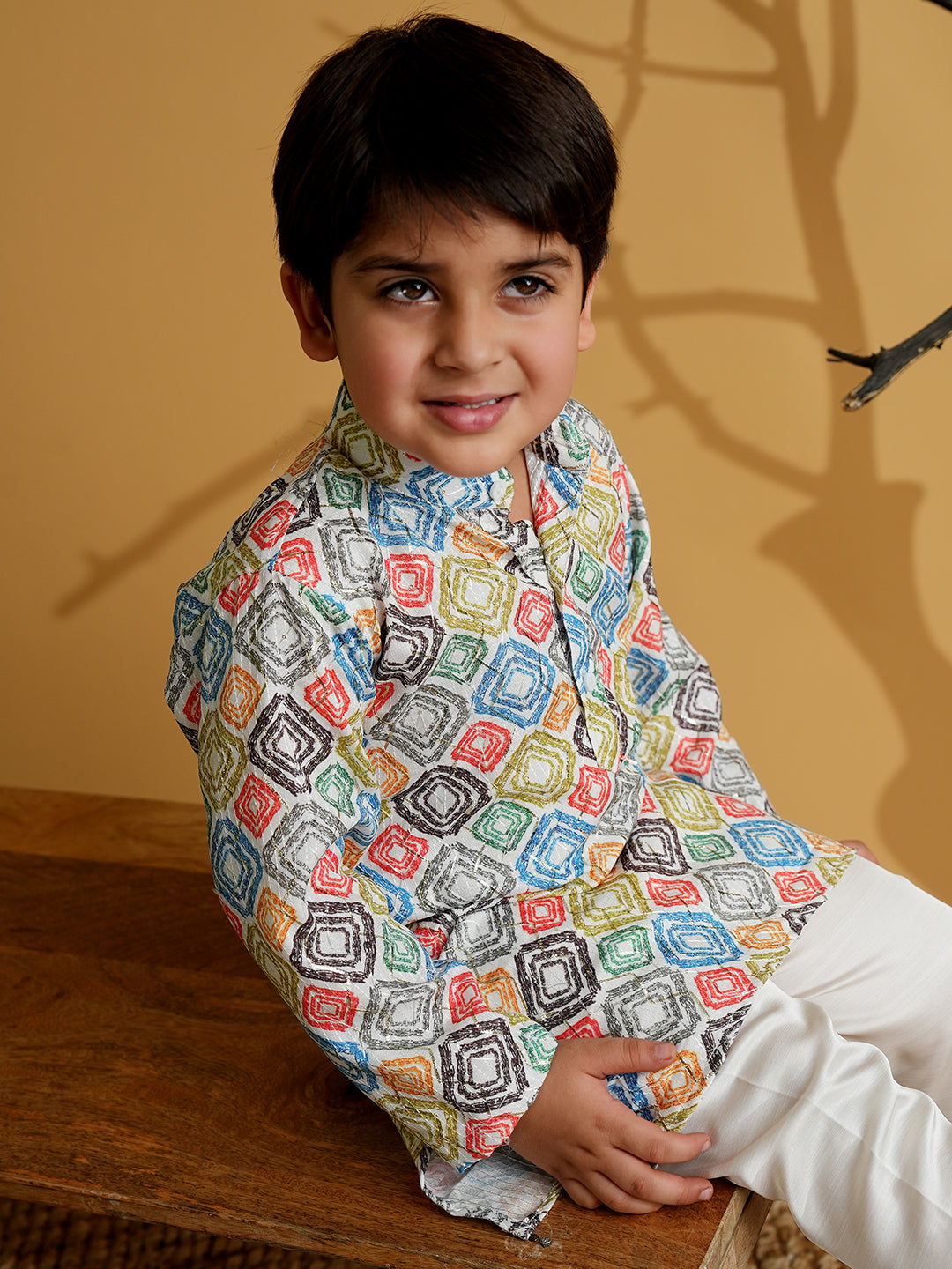 Multi Color Silk Blend Full Sleeves Printed Kurta Pyjama Set
