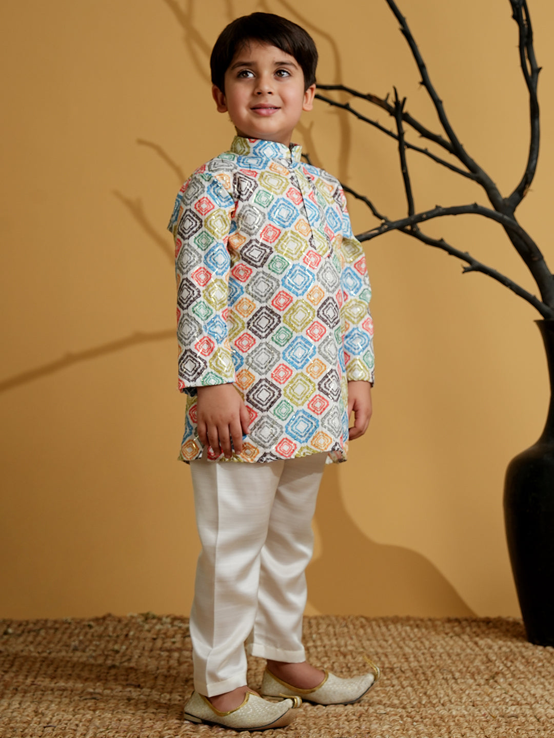 Multi Color Silk Blend Full Sleeves Printed Kurta Pyjama Set