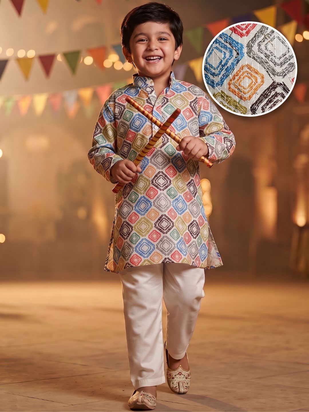 Multi Color Silk Blend Full Sleeves Printed Kurta Pyjama Set