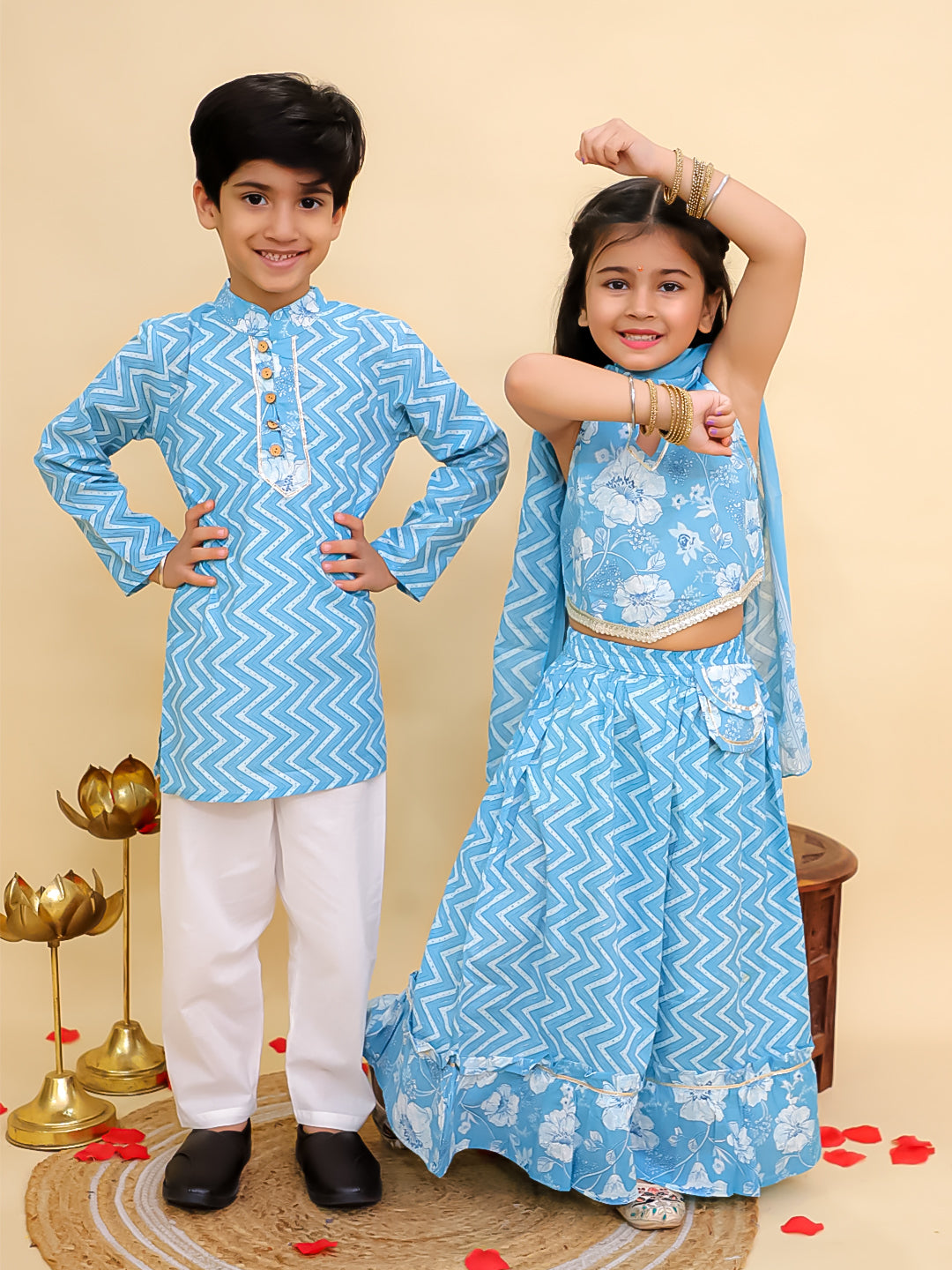 Boys Blue Cotton Full sleeves Zig-Zag Printed Kurta Pyjama Set and Blue Cotton Sleeveless Floral Printed Lehenga Choli for Girls - Sibling Set