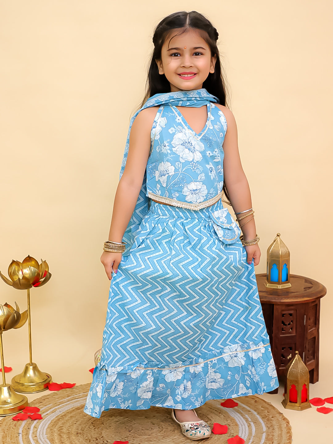 Boys Blue Cotton Full sleeves Zig-Zag Printed Kurta Pyjama Set and Blue Cotton Sleeveless Floral Printed Lehenga Choli for Girls - Sibling Set