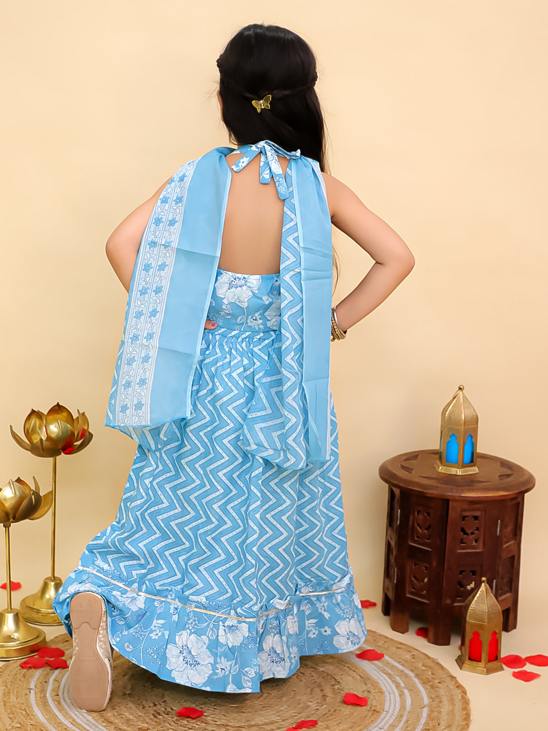 Boys Blue Cotton Full sleeves Zig-Zag Printed Kurta Pyjama Set and Blue Cotton Sleeveless Floral Printed Lehenga Choli for Girls - Sibling Set