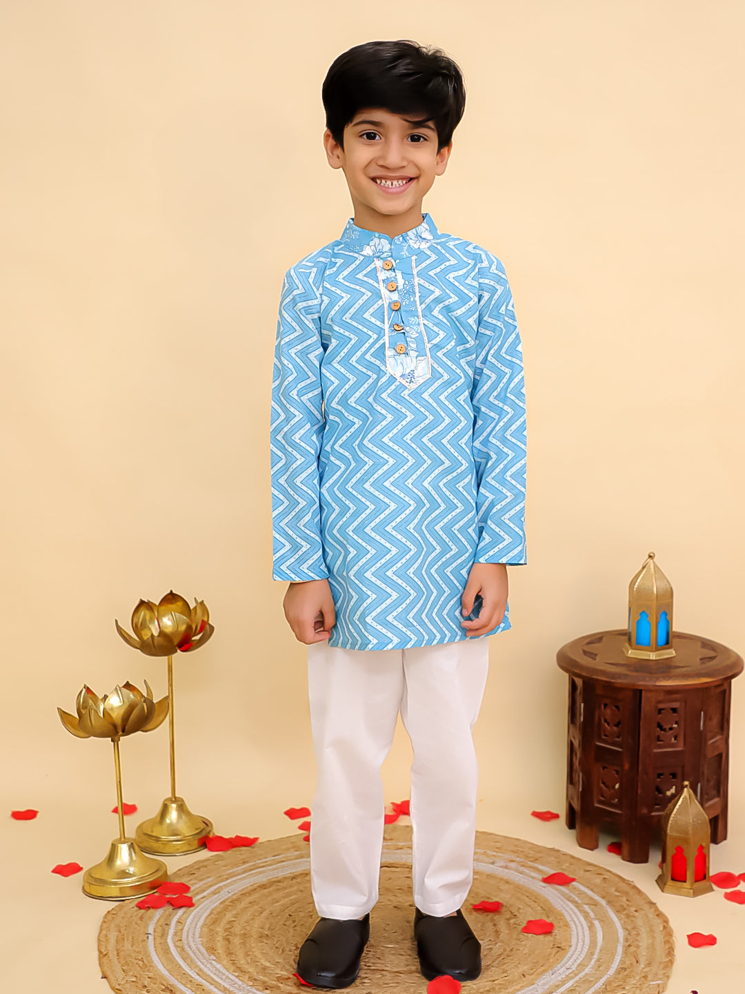 Boys Blue Cotton Full sleeves Zig-Zag Printed Kurta Pyjama Set and Blue Cotton Sleeveless Floral Printed Lehenga Choli for Girls - Sibling Set