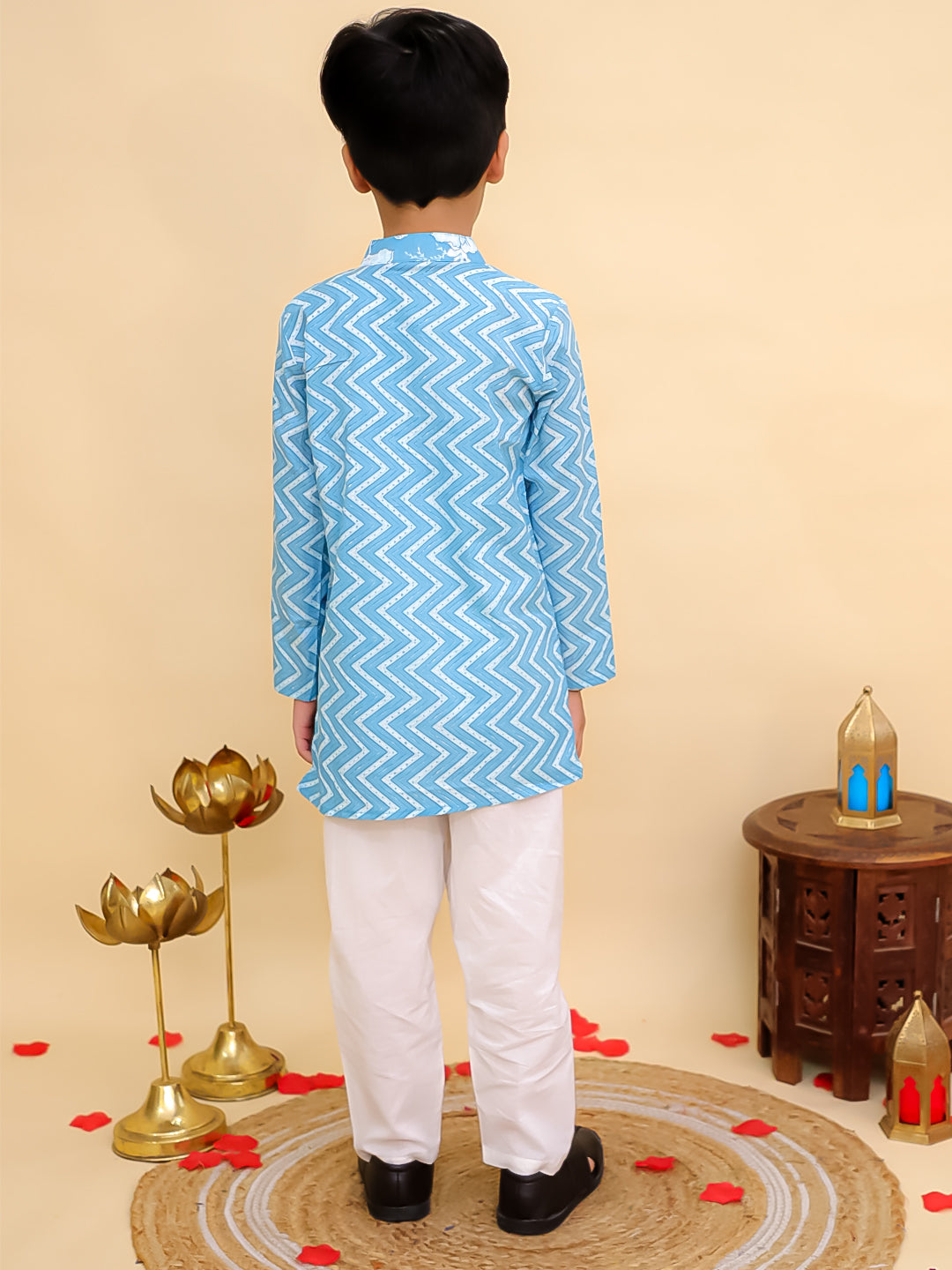 Boys Blue Cotton Full sleeves Zig-Zag Printed Kurta Pyjama Set and Blue Cotton Sleeveless Floral Printed Lehenga Choli for Girls - Sibling Set