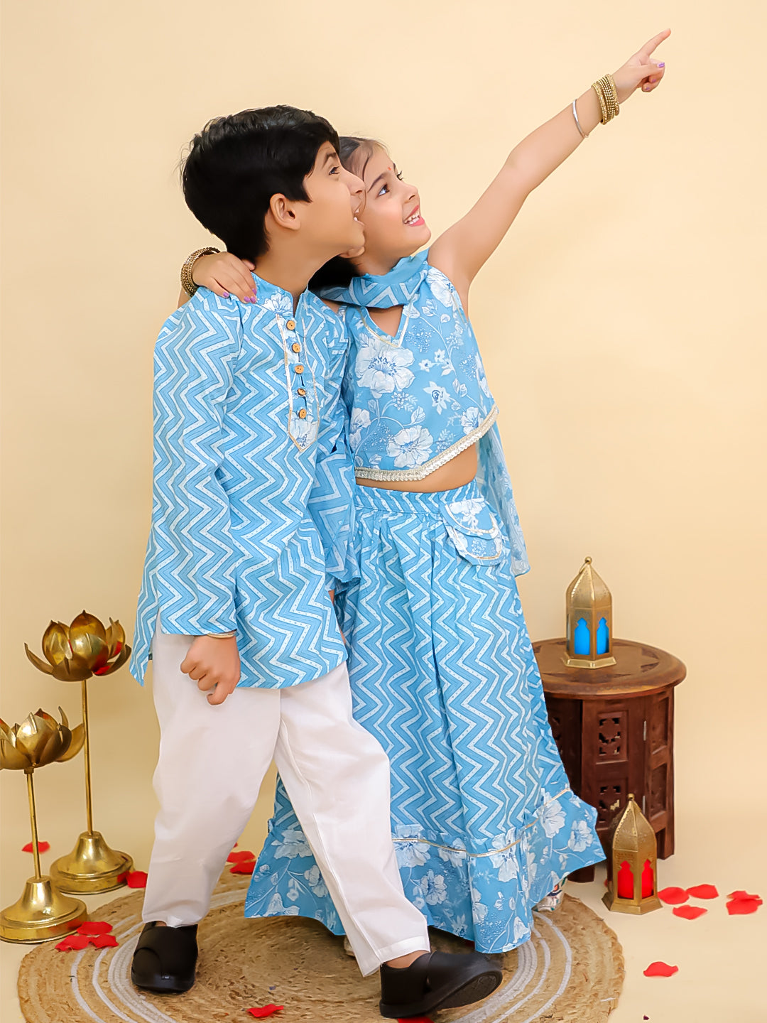 Boys Blue Cotton Full sleeves Zig-Zag Printed Kurta Pyjama Set and Blue Cotton Sleeveless Floral Printed Lehenga Choli for Girls - Sibling Set