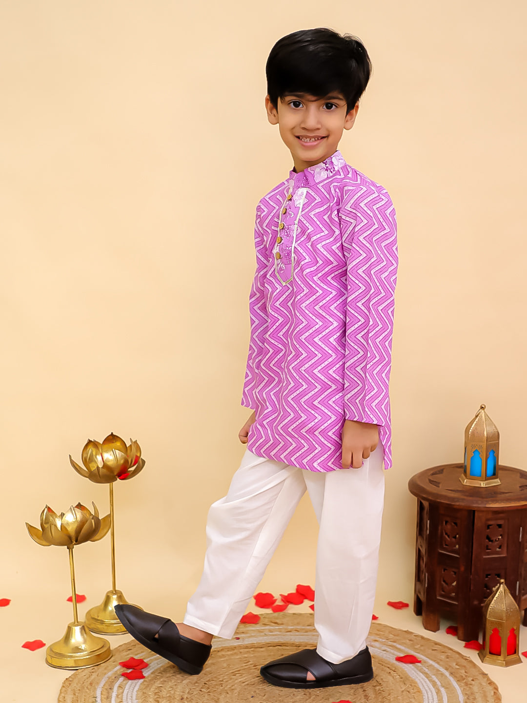 Aj Dezines Purple Cotton Full sleeves Zig-Zag Printed Kurta Pyjama Set for Boys