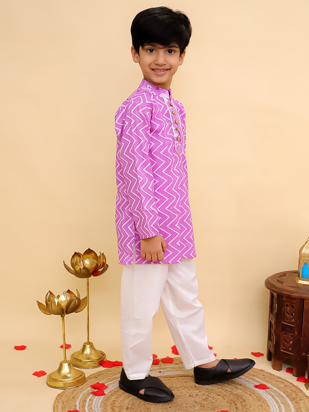 Aj Dezines Purple Cotton Full sleeves Zig-Zag Printed Kurta Pyjama Set for Boys