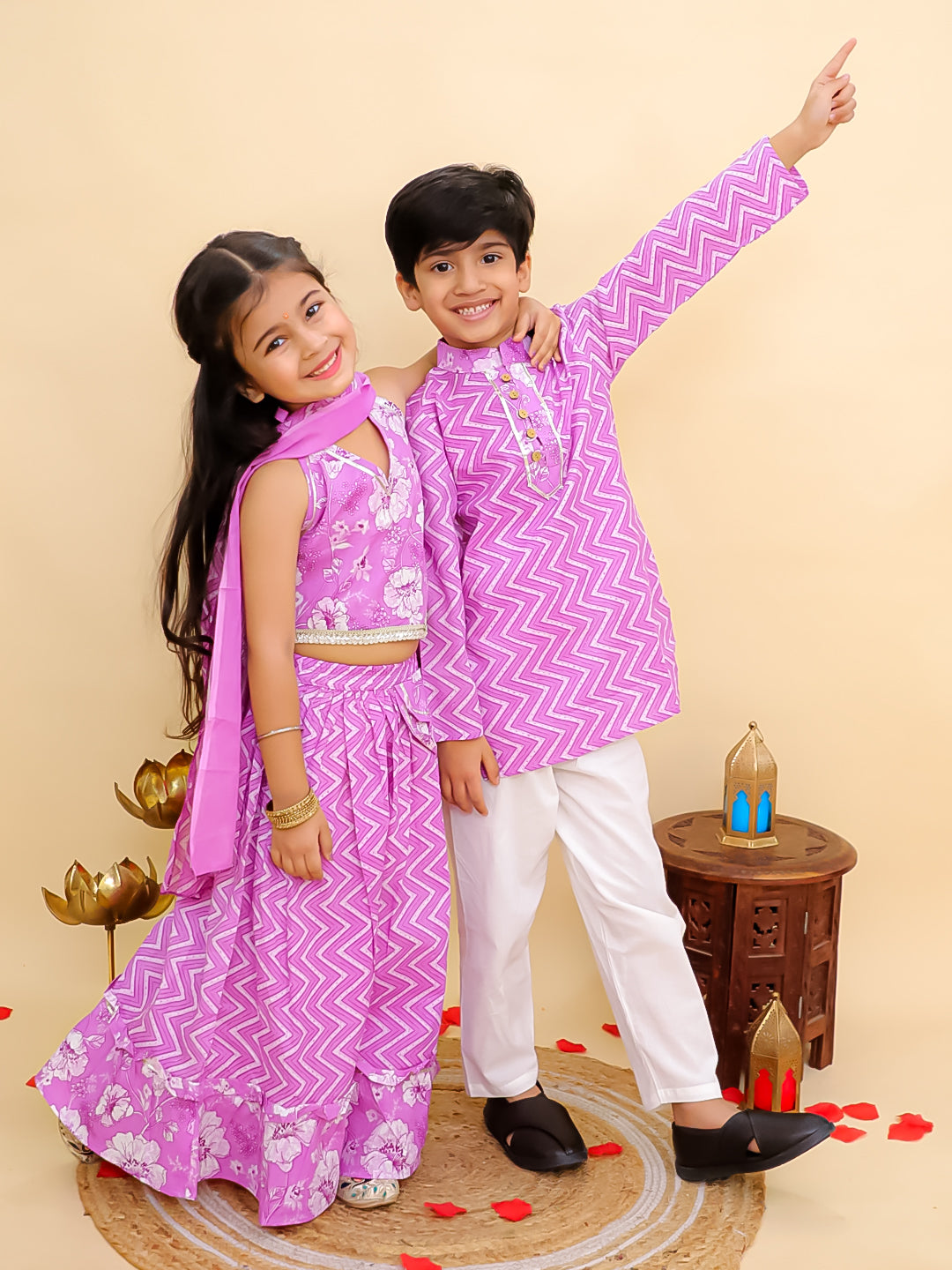 Boys Purple Cotton Full sleeves Zig-Zag Printed Kurta Pyjama Set and Purple Cotton Sleeveless Floral Printed Lehenga Choli for Girls - Sibling Set