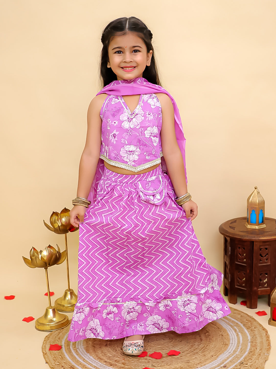 Boys Purple Cotton Full sleeves Zig-Zag Printed Kurta Pyjama Set and Purple Cotton Sleeveless Floral Printed Lehenga Choli for Girls - Sibling Set
