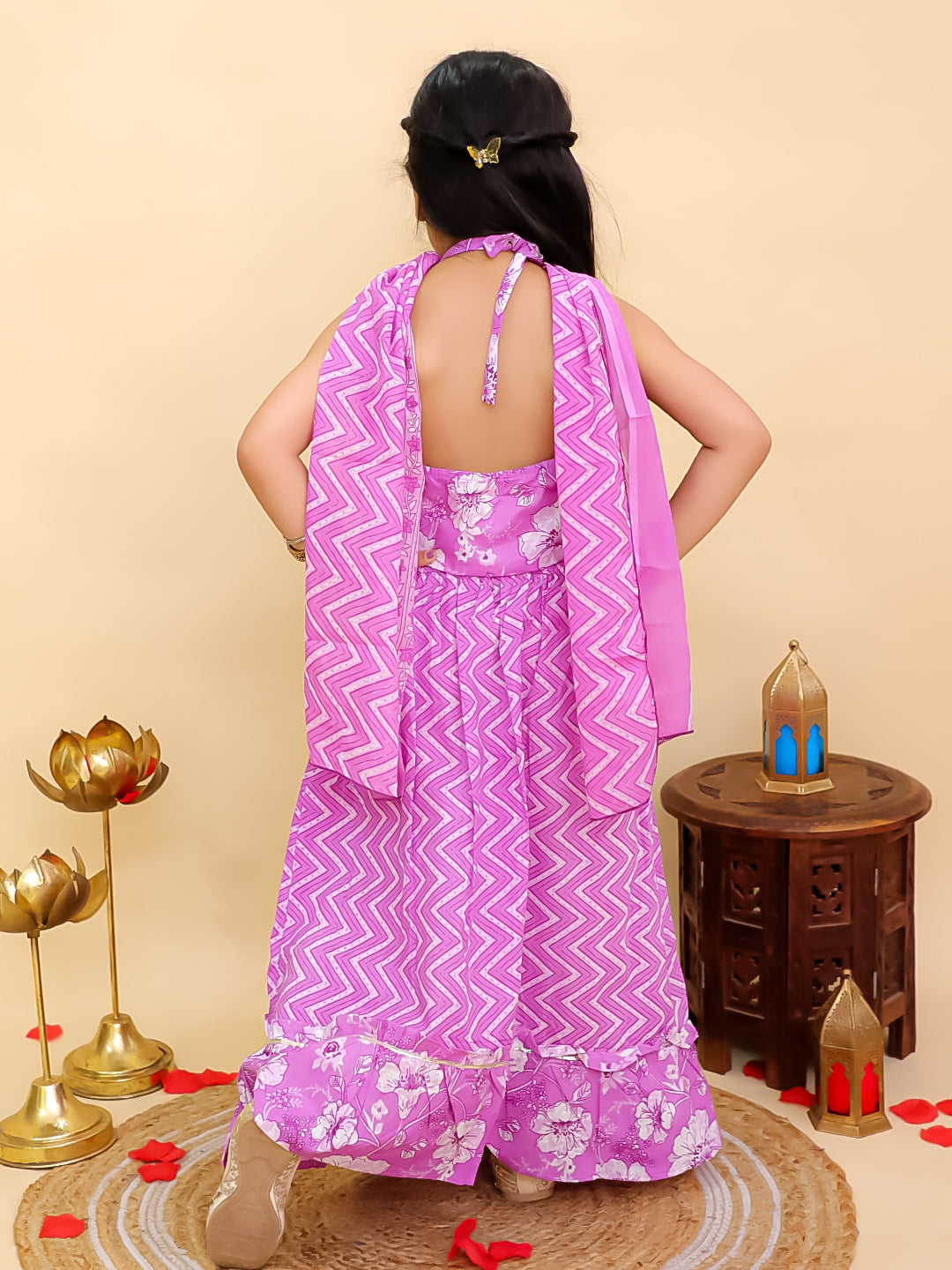 Boys Purple Cotton Full sleeves Zig-Zag Printed Kurta Pyjama Set and Purple Cotton Sleeveless Floral Printed Lehenga Choli for Girls - Sibling Set