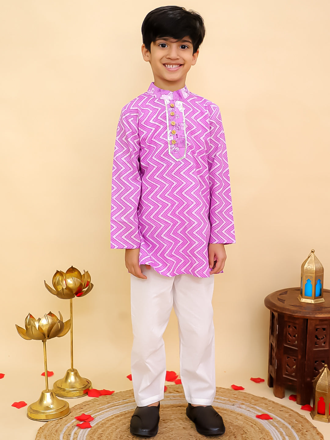 Boys Purple Cotton Full sleeves Zig-Zag Printed Kurta Pyjama Set and Purple Cotton Sleeveless Floral Printed Lehenga Choli for Girls - Sibling Set