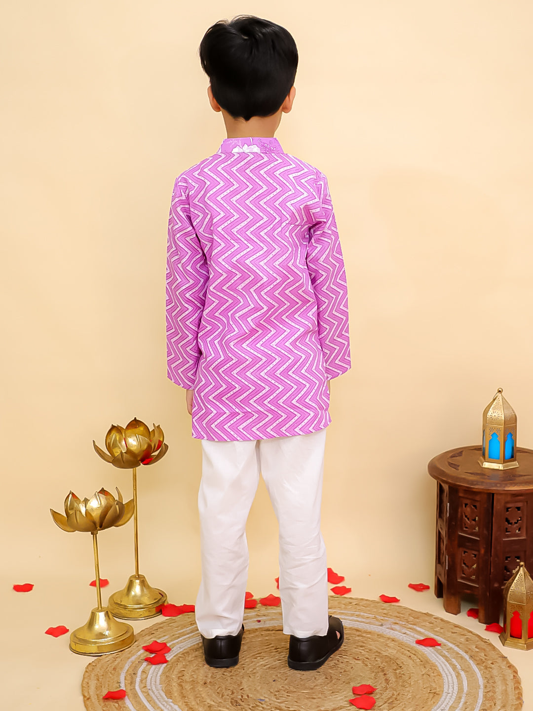 Boys Purple Cotton Full sleeves Zig-Zag Printed Kurta Pyjama Set and Purple Cotton Sleeveless Floral Printed Lehenga Choli for Girls - Sibling Set