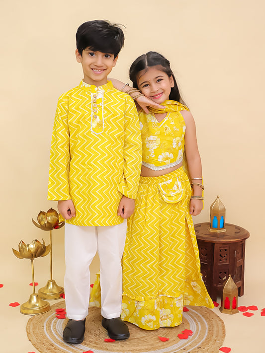 Boys Yellow Cotton Full sleeves Zig-Zag Printed Kurta Pyjama Set and Yellow Cotton Sleeveless Floral Printed Lehenga Choli for Girls - Sibling Set