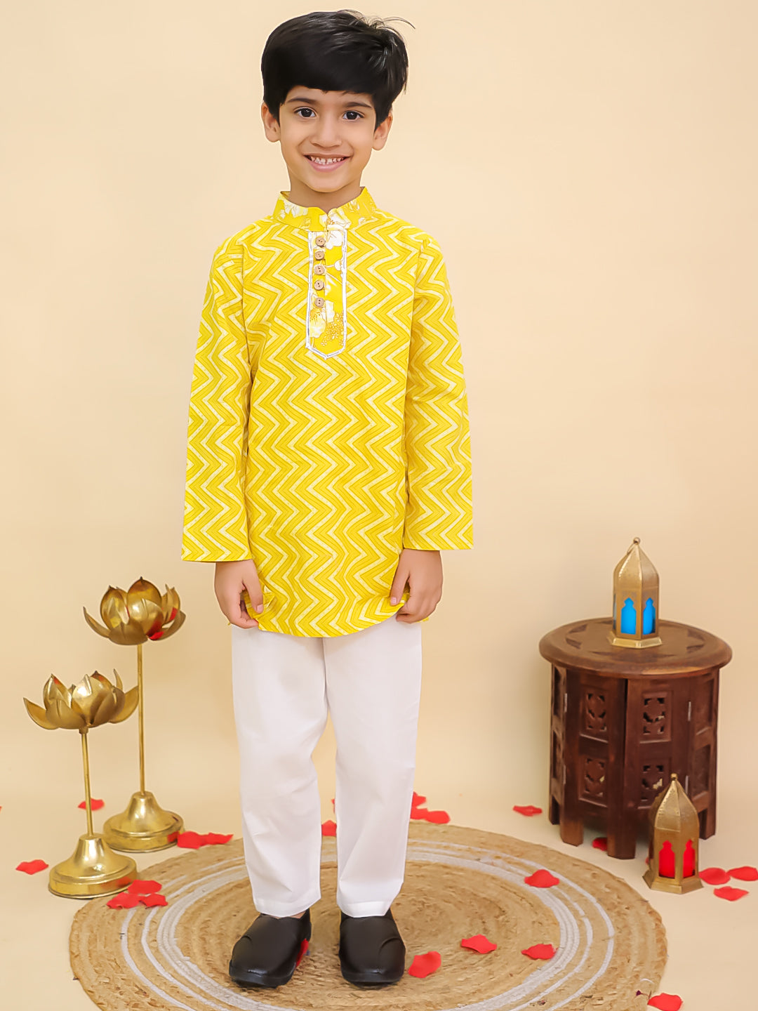 Boys Yellow Cotton Full sleeves Zig-Zag Printed Kurta Pyjama Set and Yellow Cotton Sleeveless Floral Printed Lehenga Choli for Girls - Sibling Set