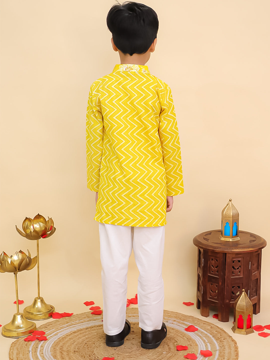 Boys Yellow Cotton Full sleeves Zig-Zag Printed Kurta Pyjama Set and Yellow Cotton Sleeveless Floral Printed Lehenga Choli for Girls - Sibling Set