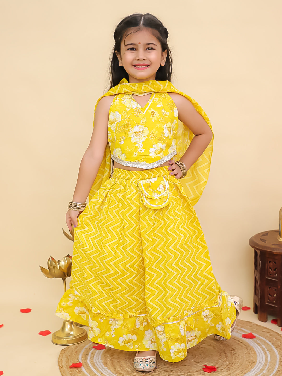 Boys Yellow Cotton Full sleeves Zig-Zag Printed Kurta Pyjama Set and Yellow Cotton Sleeveless Floral Printed Lehenga Choli for Girls - Sibling Set