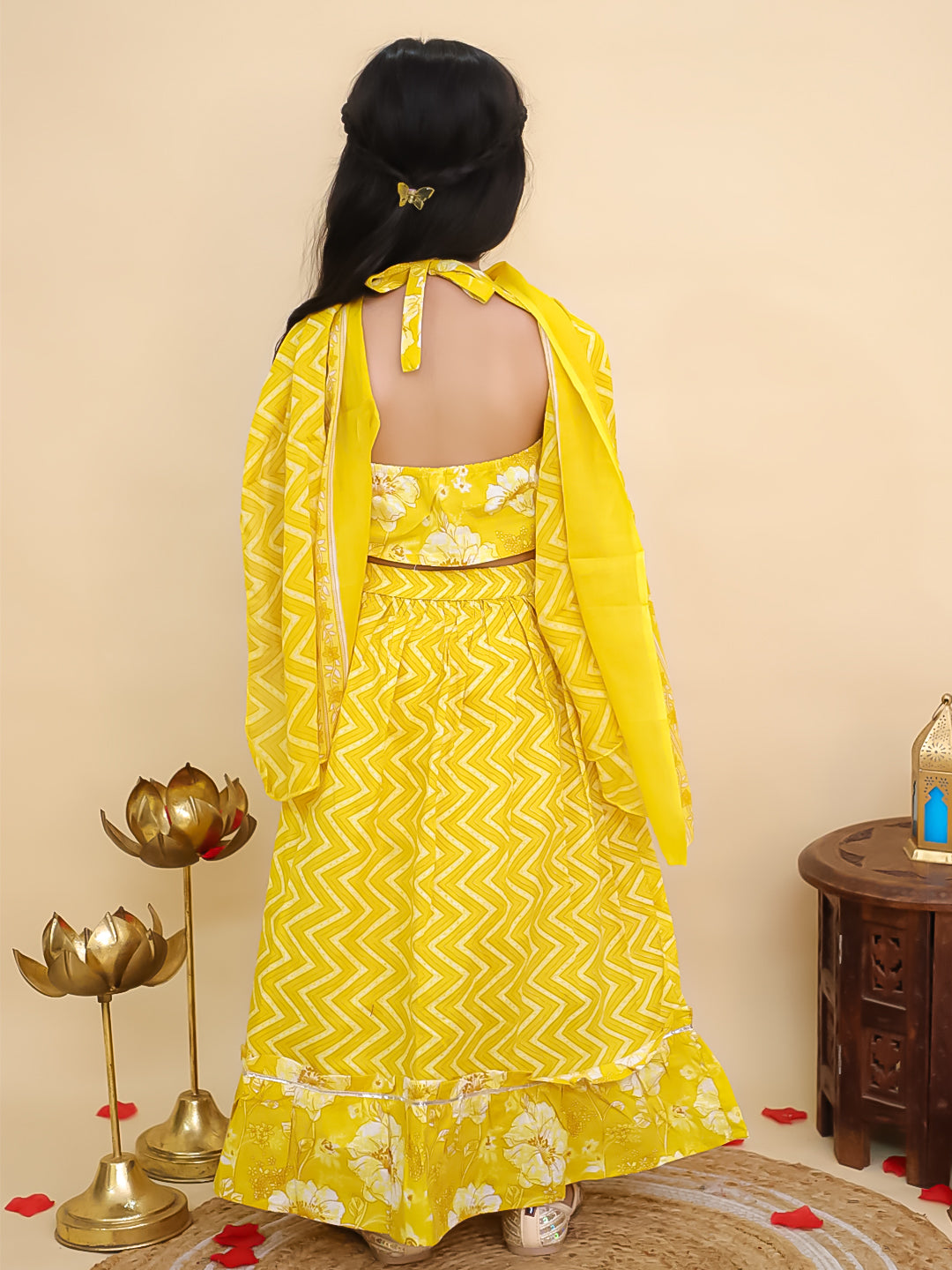 Boys Yellow Cotton Full sleeves Zig-Zag Printed Kurta Pyjama Set and Yellow Cotton Sleeveless Floral Printed Lehenga Choli for Girls - Sibling Set