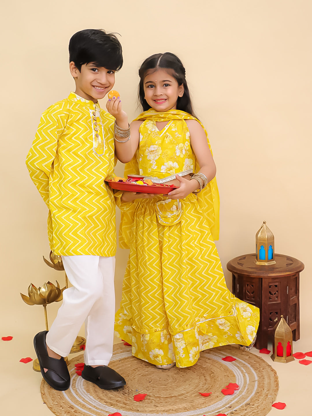 Boys Yellow Cotton Full sleeves Zig-Zag Printed Kurta Pyjama Set and Yellow Cotton Sleeveless Floral Printed Lehenga Choli for Girls - Sibling Set