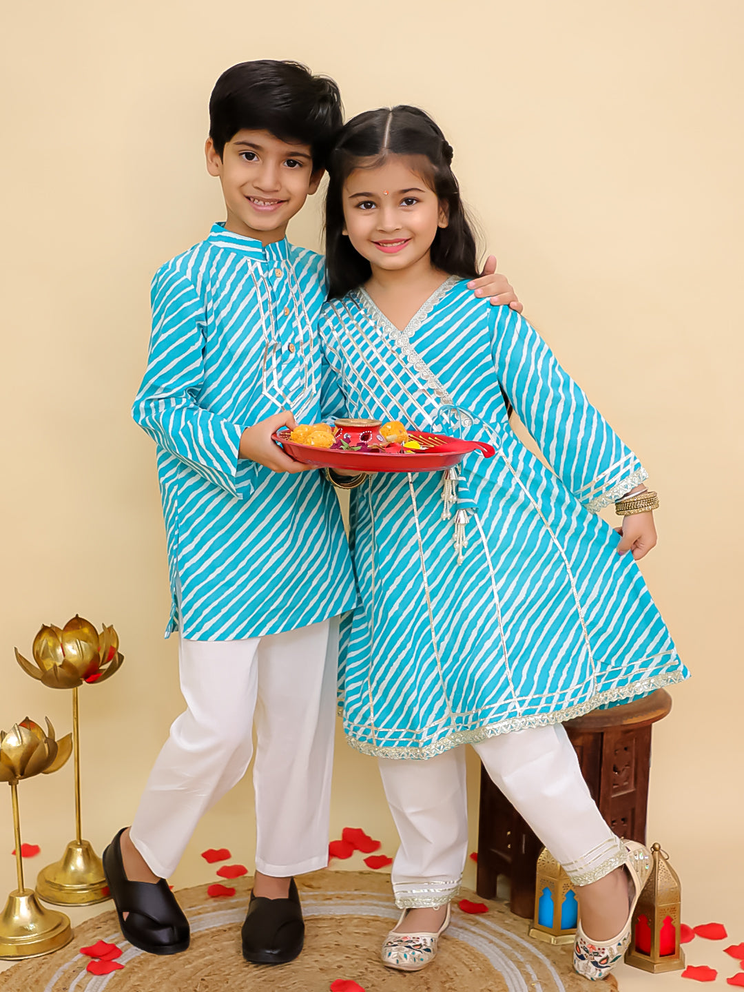 Boys Blue Cotton Full sleeves Leheriya Print Kurta Pyjama Set and Blue Cotton 3/4th Sleeves Leheriya Print Girls Suit Set - Sibling Set