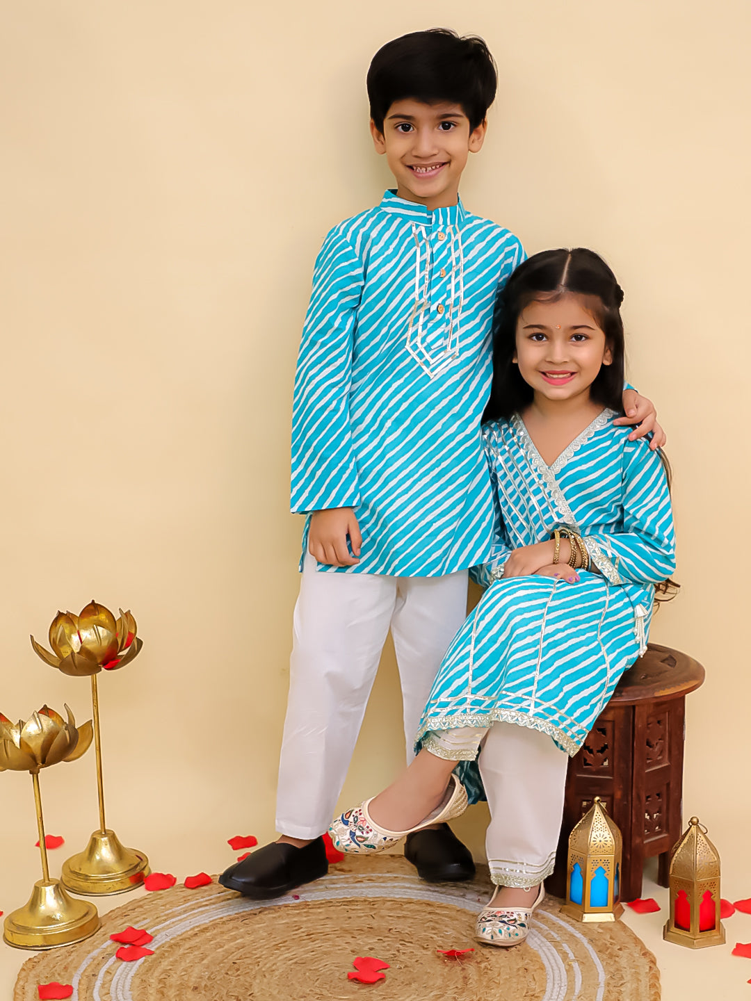 Boys Blue Cotton Full sleeves Leheriya Print Kurta Pyjama Set and Blue Cotton 3/4th Sleeves Leheriya Print Girls Suit Set - Sibling Set