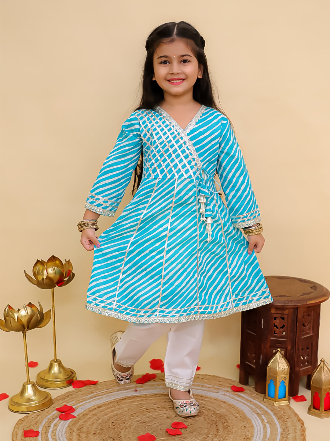 Boys Blue Cotton Full sleeves Leheriya Print Kurta Pyjama Set and Blue Cotton 3/4th Sleeves Leheriya Print Girls Suit Set - Sibling Set