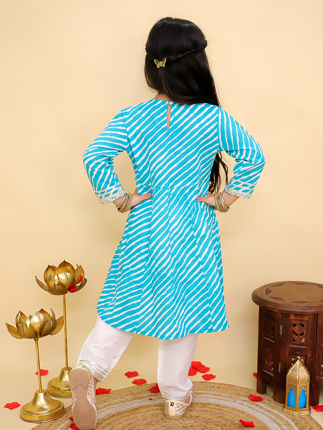 Boys Blue Cotton Full sleeves Leheriya Print Kurta Pyjama Set and Blue Cotton 3/4th Sleeves Leheriya Print Girls Suit Set - Sibling Set