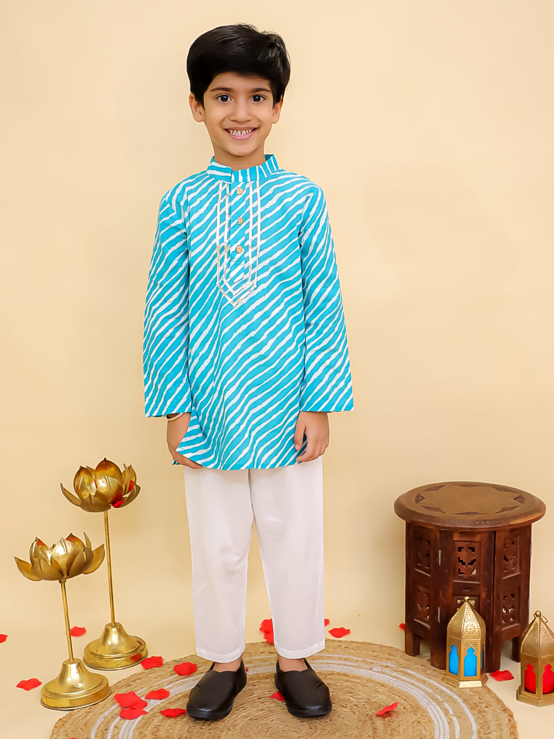 Boys Blue Cotton Full sleeves Leheriya Print Kurta Pyjama Set and Blue Cotton 3/4th Sleeves Leheriya Print Girls Suit Set - Sibling Set