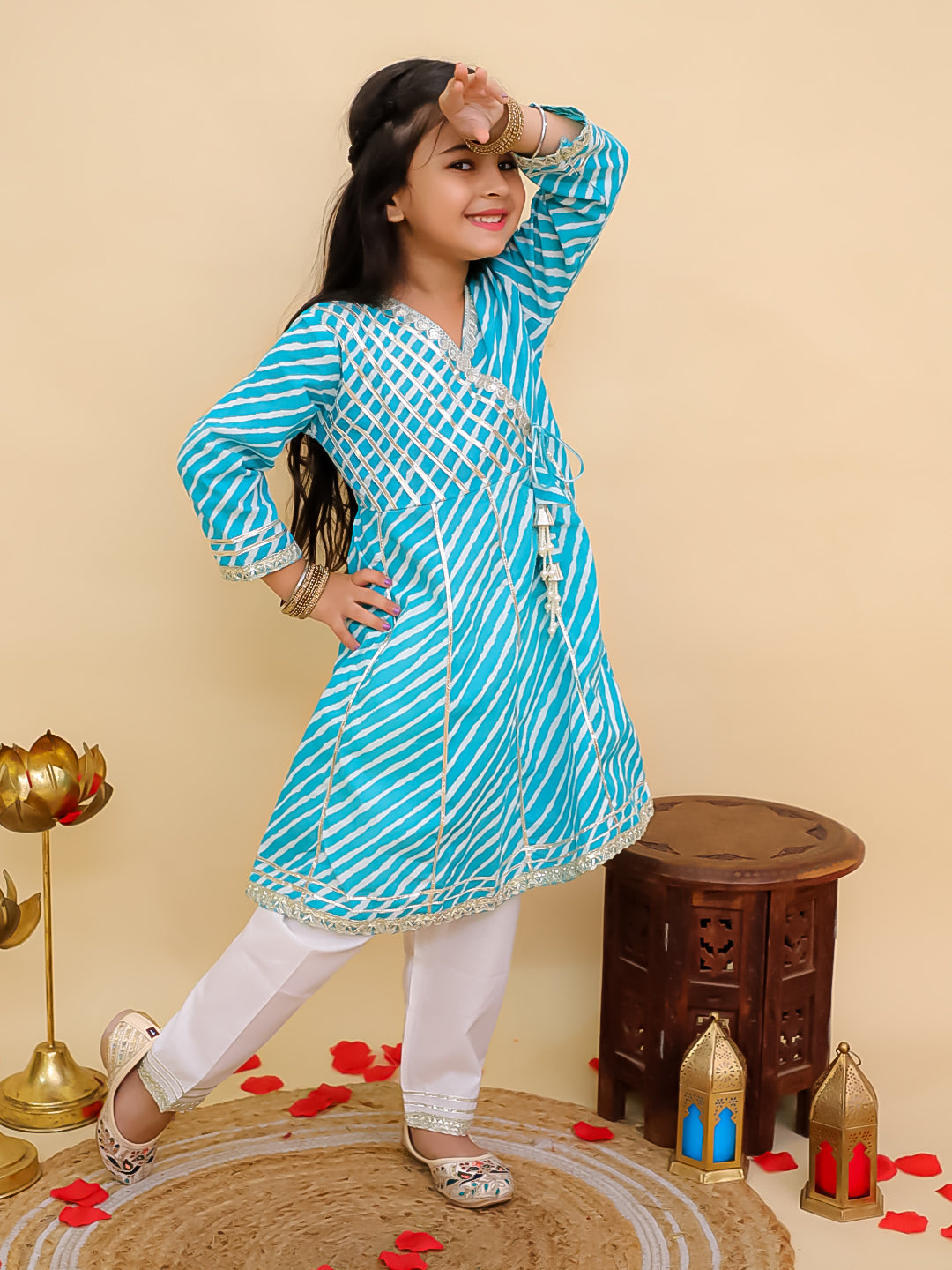 Boys Blue Cotton Full sleeves Leheriya Print Kurta Pyjama Set and Blue Cotton 3/4th Sleeves Leheriya Print Girls Suit Set - Sibling Set
