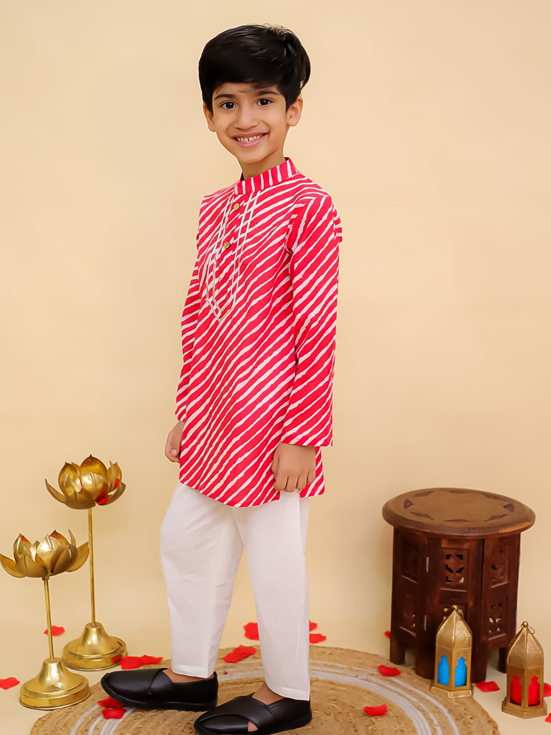 AJ Dezines Red Cotton Full sleeves Leheriya Print Kurta Pyjama Set