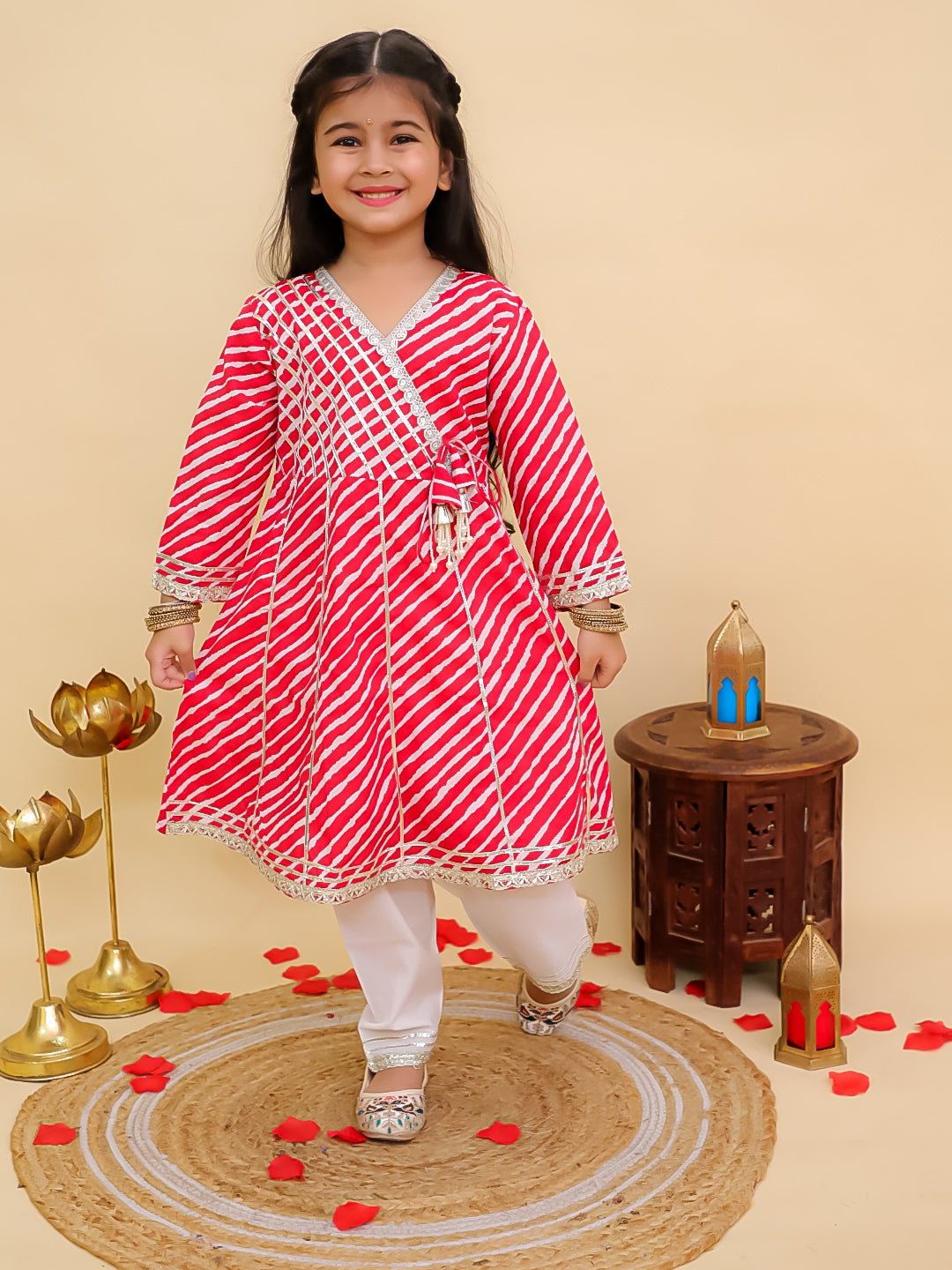 Boys Red Cotton Full sleeves Leheriya Print Kurta Pyjama Set and Red Cotton 3/4th Sleeves Leheriya Print Girls Suit Set - Sibling Set