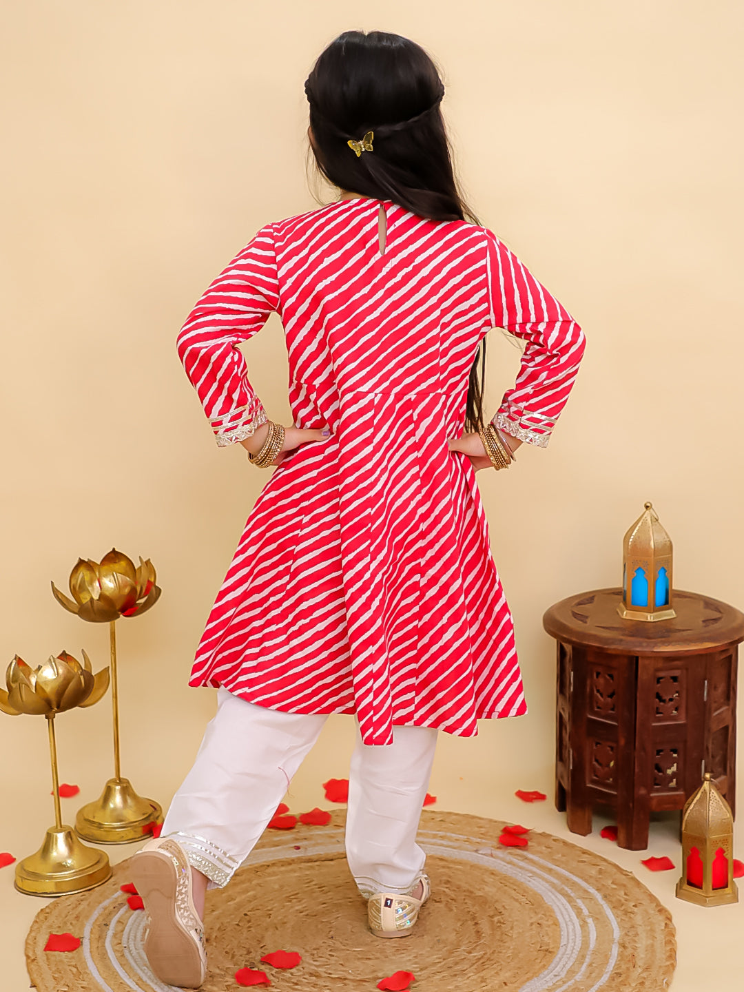 Boys Red Cotton Full sleeves Leheriya Print Kurta Pyjama Set and Red Cotton 3/4th Sleeves Leheriya Print Girls Suit Set - Sibling Set