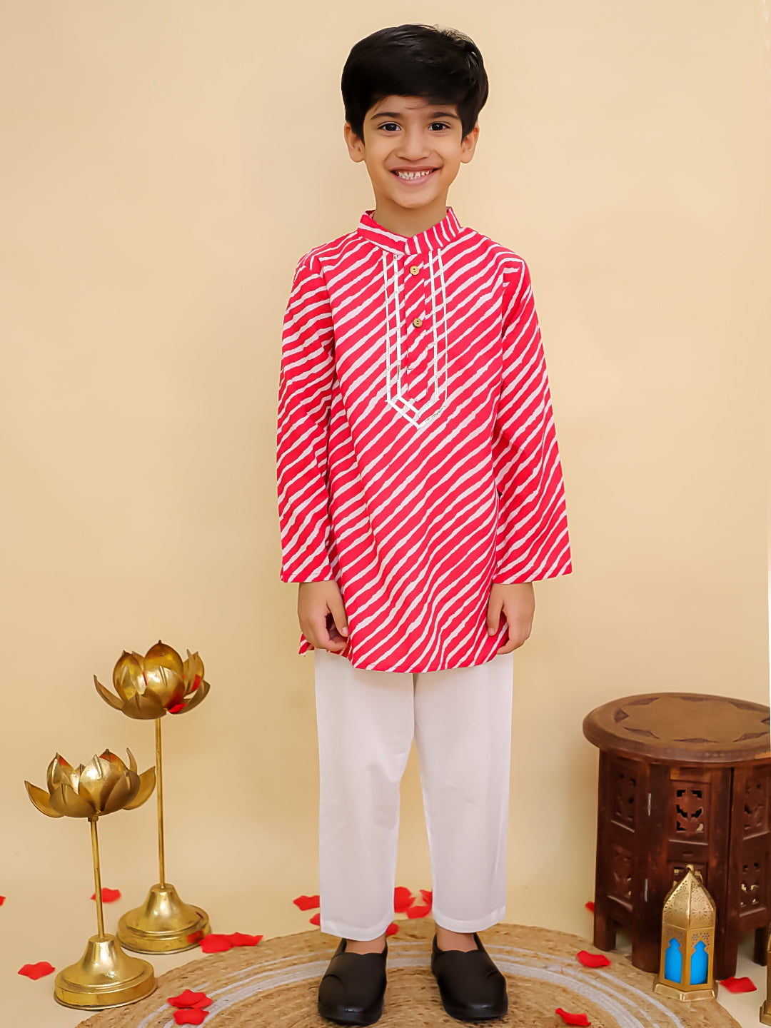 Boys Red Cotton Full sleeves Leheriya Print Kurta Pyjama Set and Red Cotton 3/4th Sleeves Leheriya Print Girls Suit Set - Sibling Set