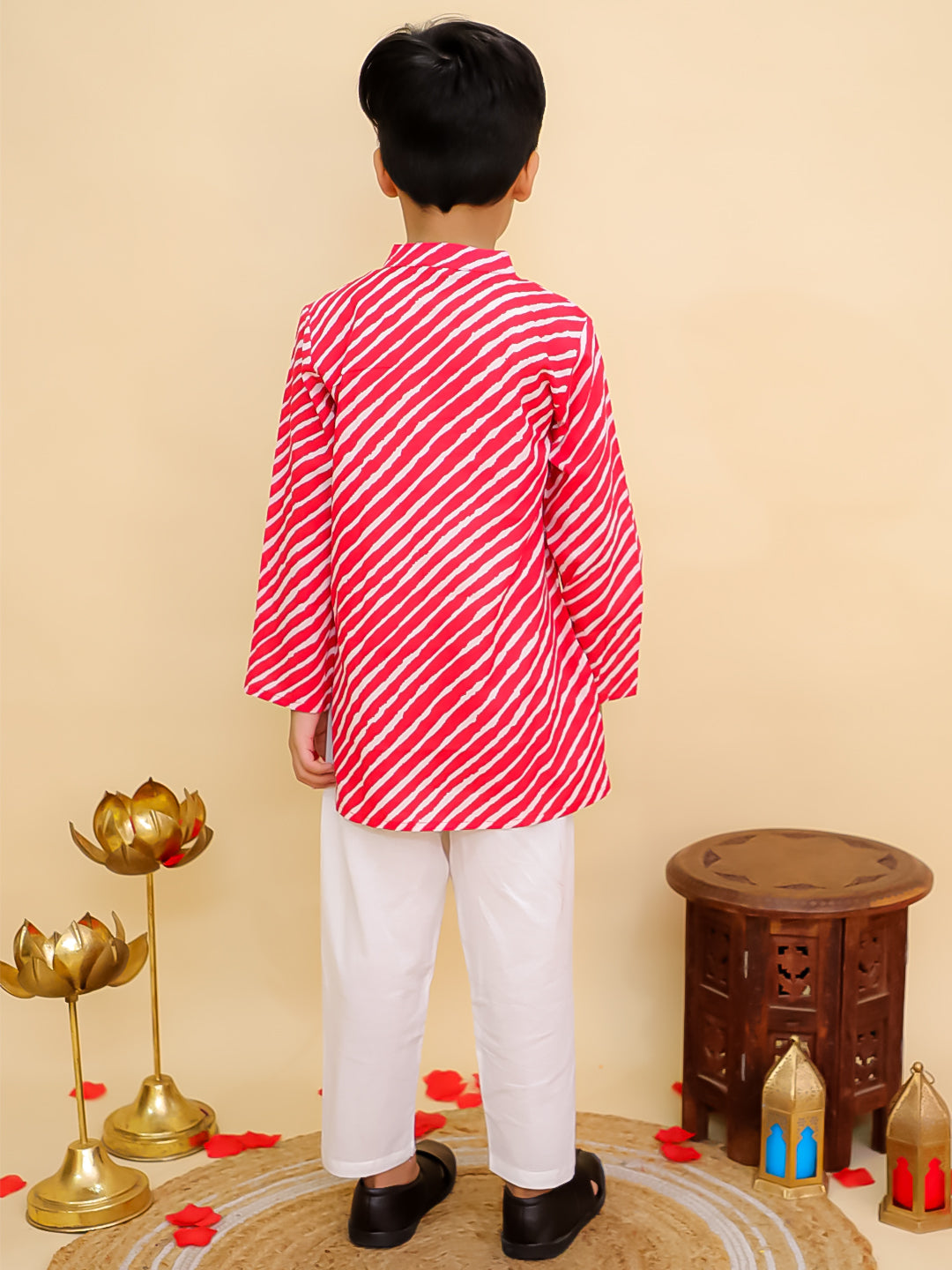 Boys Red Cotton Full sleeves Leheriya Print Kurta Pyjama Set and Red Cotton 3/4th Sleeves Leheriya Print Girls Suit Set - Sibling Set