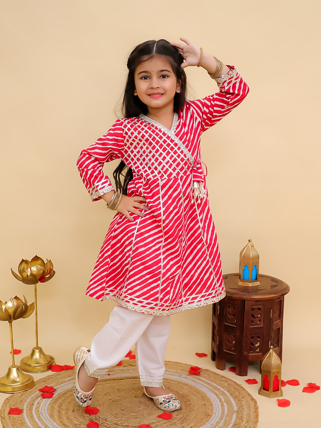 Boys Red Cotton Full sleeves Leheriya Print Kurta Pyjama Set and Red Cotton 3/4th Sleeves Leheriya Print Girls Suit Set - Sibling Set
