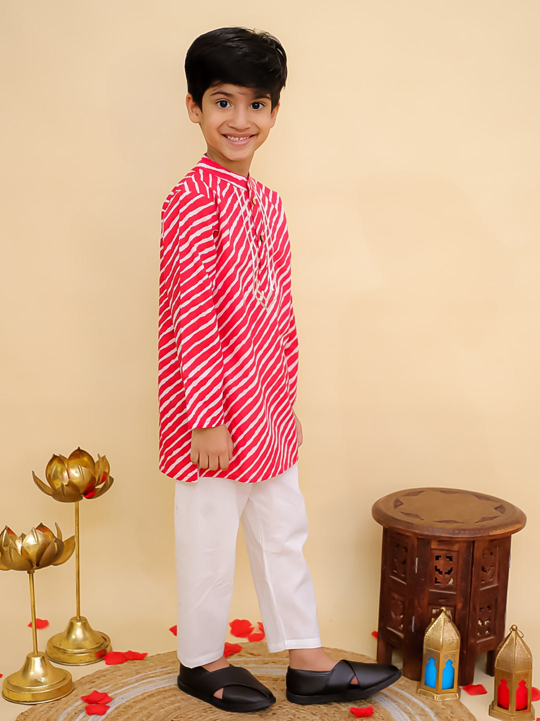 Boys Red Cotton Full sleeves Leheriya Print Kurta Pyjama Set and Red Cotton 3/4th Sleeves Leheriya Print Girls Suit Set - Sibling Set