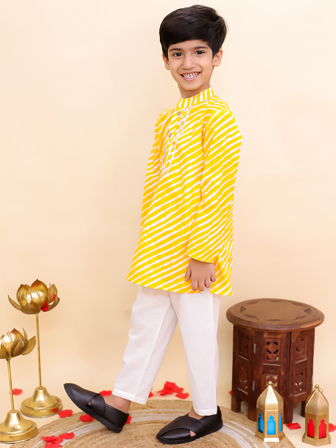 AJ Dezines Yellow Cotton Full sleeves Leheriya Print Kurta Pyjama Set
