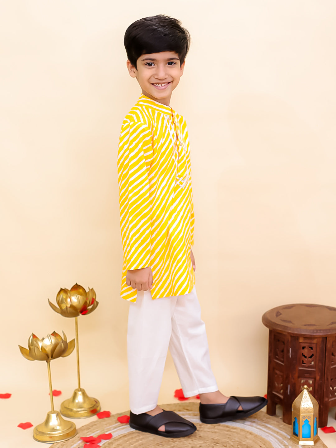 AJ Dezines Yellow Cotton Full sleeves Leheriya Print Kurta Pyjama Set
