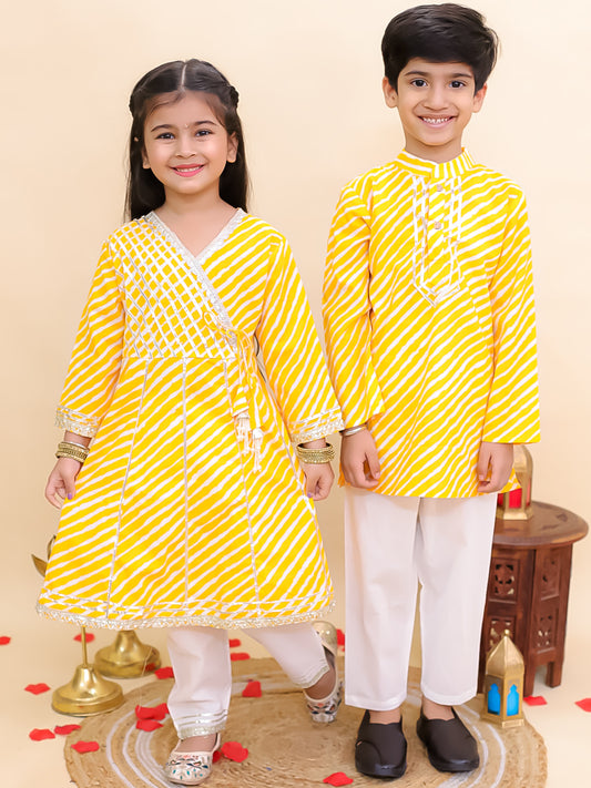 Boys Yellow Cotton Full sleeves Leheriya Print Kurta Pyjama Set and Yellow Cotton 3/4th Sleeves Leheriya Print Girls Suit Set - Sibling Set