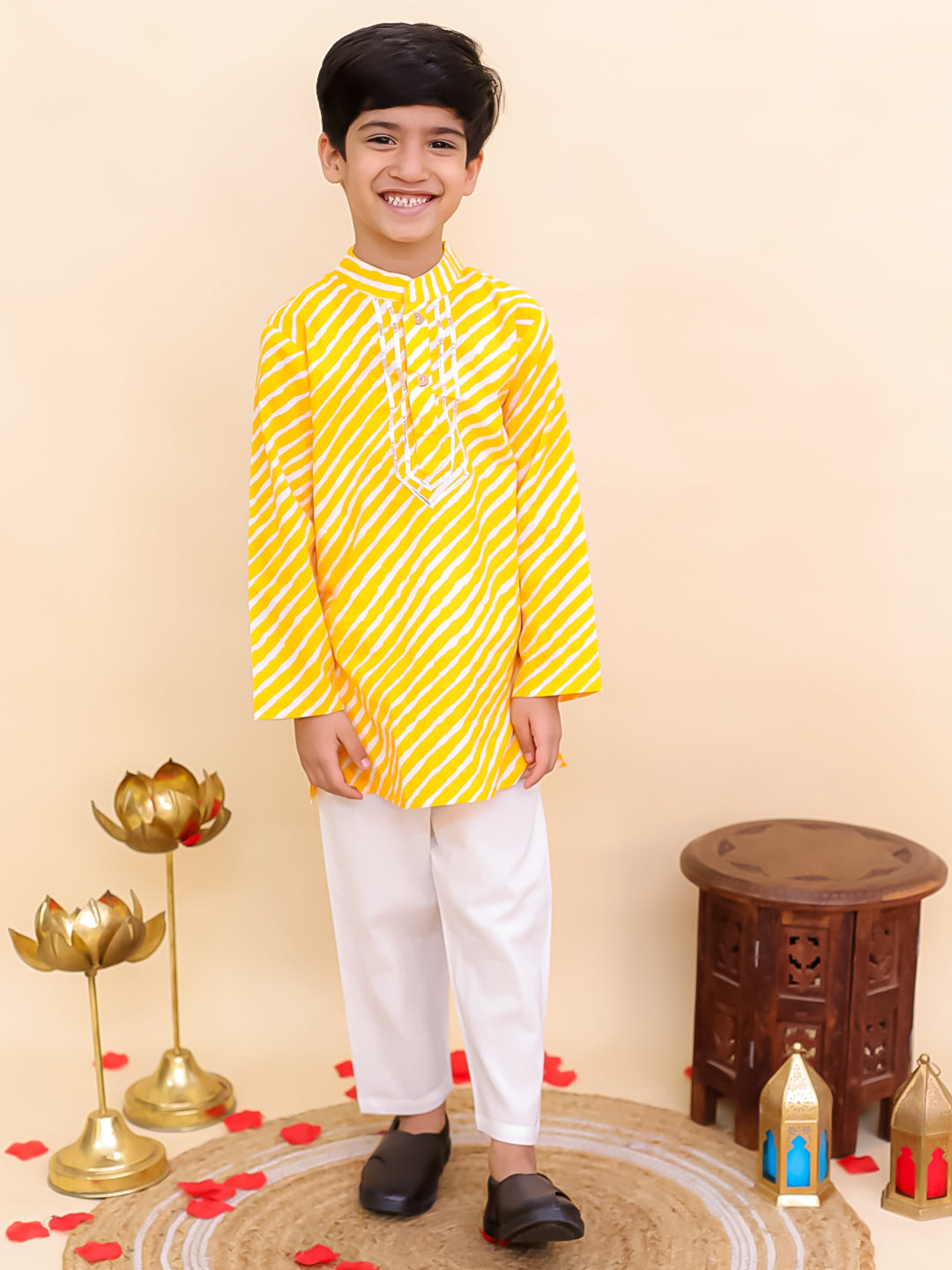 Boys Yellow Cotton Full sleeves Leheriya Print Kurta Pyjama Set and Yellow Cotton 3/4th Sleeves Leheriya Print Girls Suit Set - Sibling Set - AJ Dezines