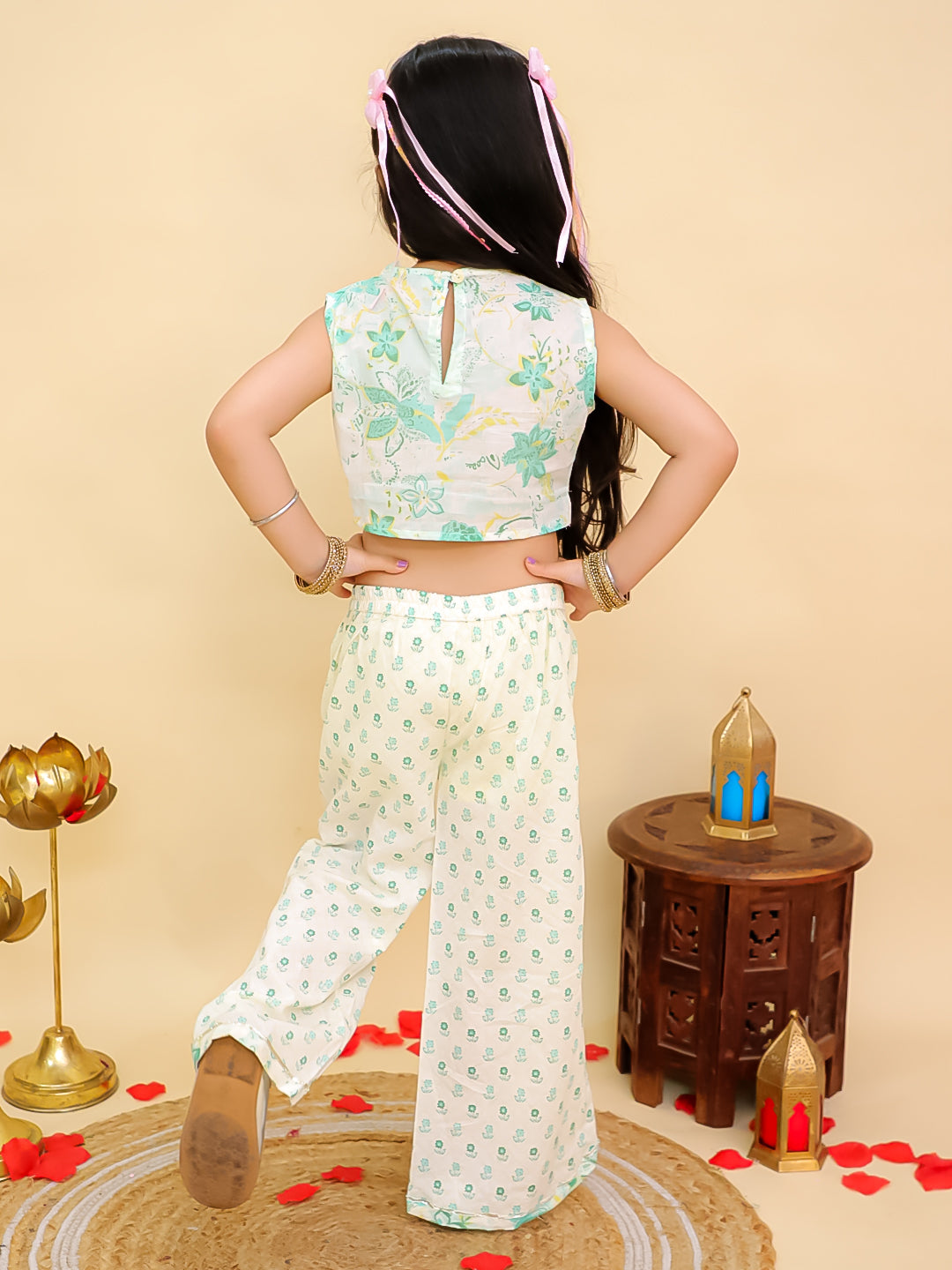 Boys Green Cotton Full sleeves Floral Print Kurta Pyjama Set and Green Cotton Sleeveless Floral Printed Girls Sibling Set