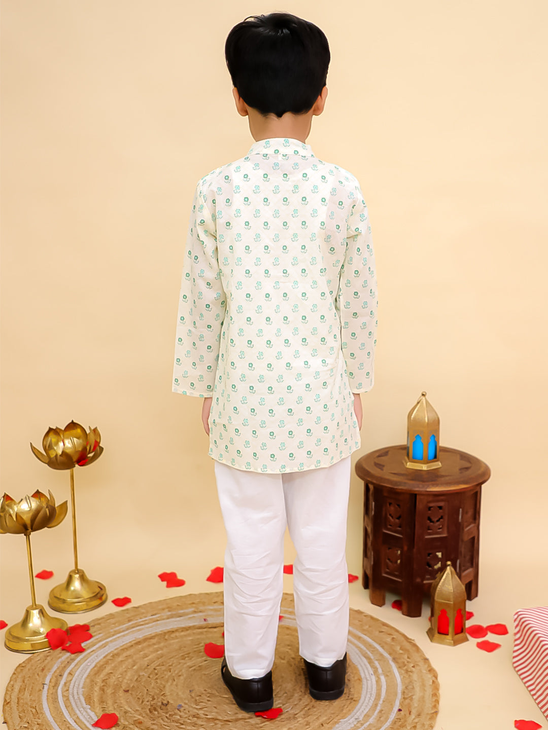 Boys Green Cotton Full sleeves Floral Print Kurta Pyjama Set and Green Cotton Sleeveless Floral Printed Girls Sibling Set