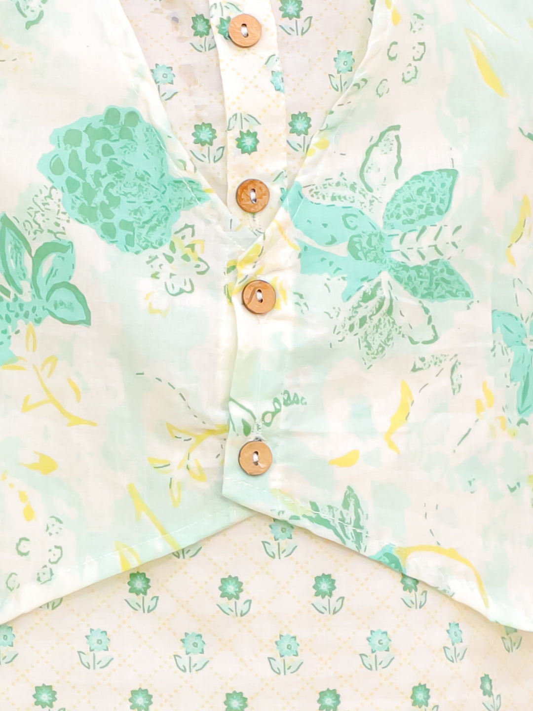 Boys Green Cotton Full sleeves Floral Print Kurta Pyjama Set and Green Cotton Sleeveless Floral Printed Girls Sibling Set