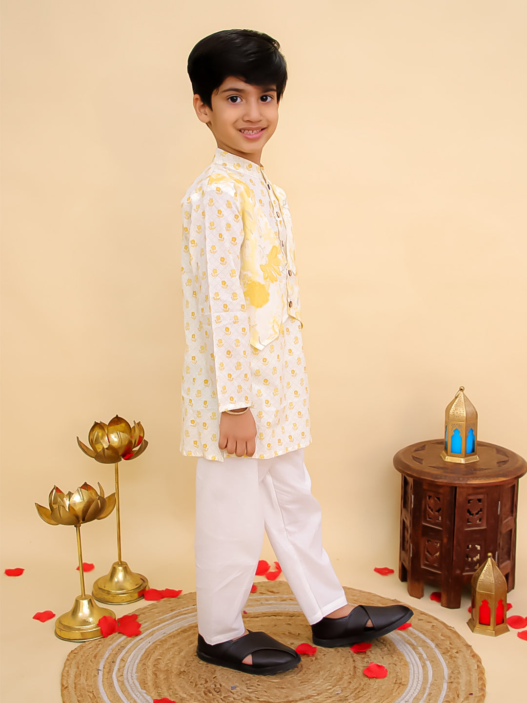 AJ Dezines Mustard Cotton Full sleeves Floral Print Kurta Pyjama Set