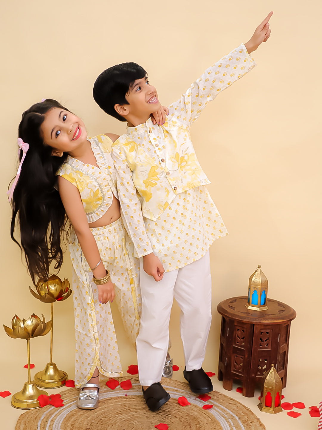 Boys Mustard Cotton Full sleeves Floral Print Kurta Pyjama Set and Mustard Cotton Sleeveless Floral Printed Girls Sibling Set