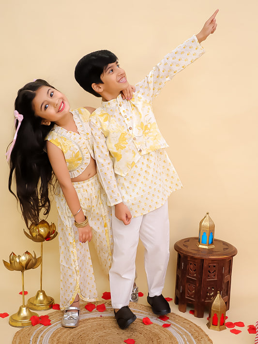 Boys Mustard Cotton Full sleeves Floral Print Kurta Pyjama Set and Mustard Cotton Sleeveless Floral Printed Girls Sibling Set