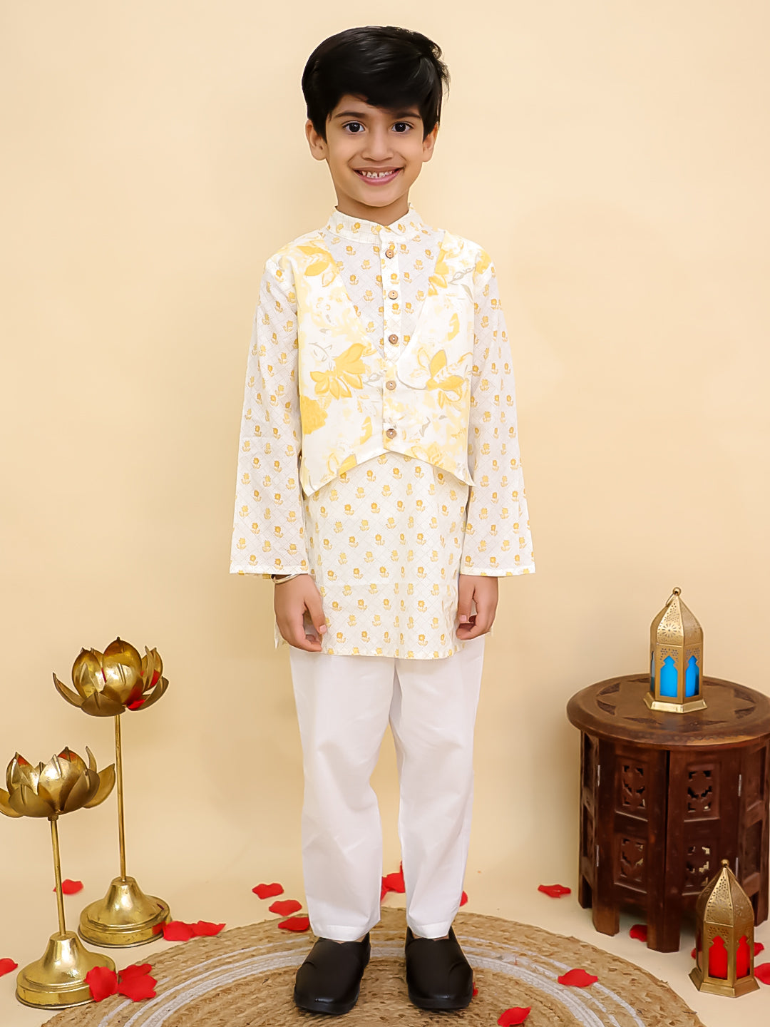 Boys Mustard Cotton Full sleeves Floral Print Kurta Pyjama Set and Mustard Cotton Sleeveless Floral Printed Girls Sibling Set