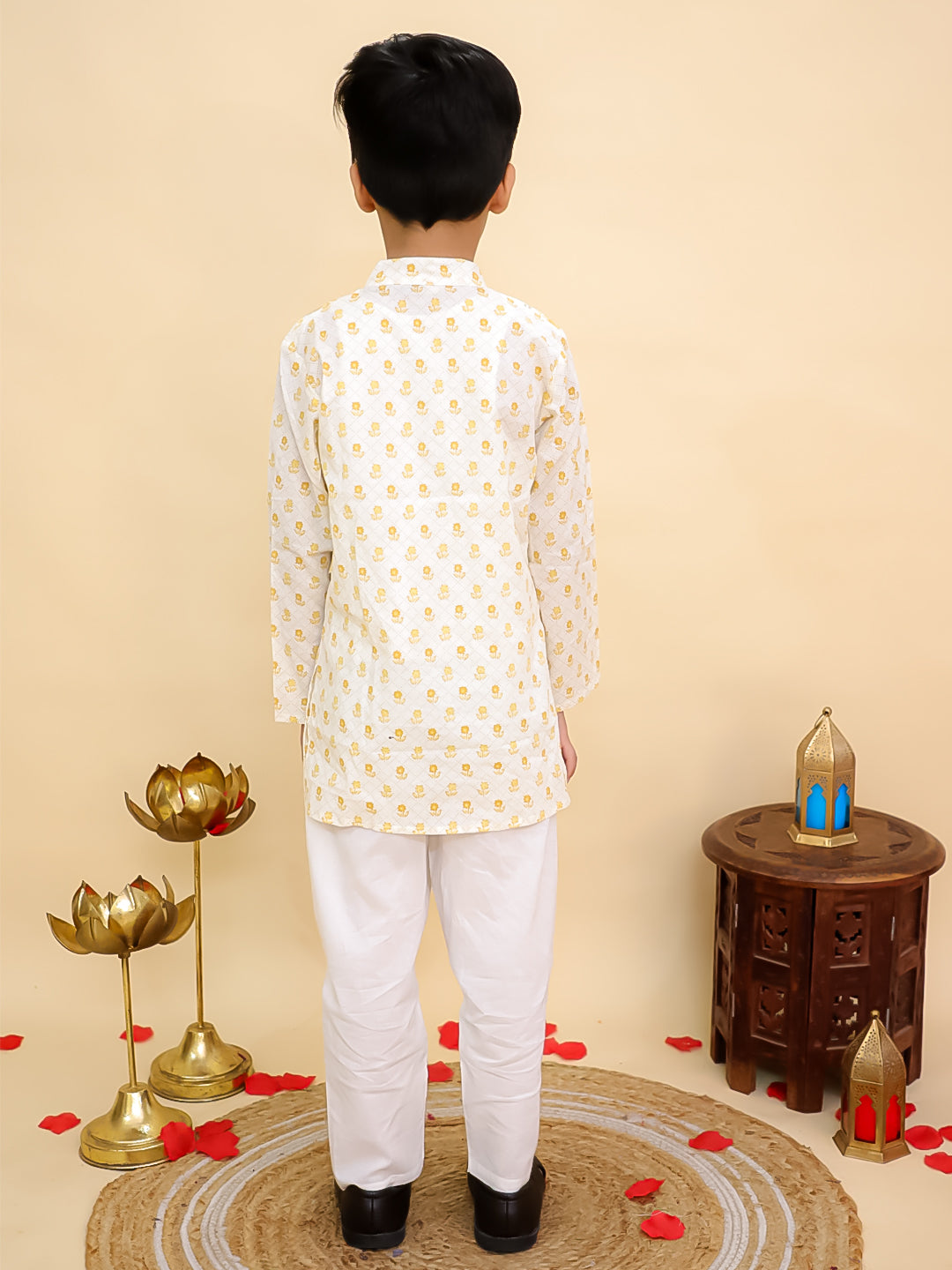Boys Mustard Cotton Full sleeves Floral Print Kurta Pyjama Set and Mustard Cotton Sleeveless Floral Printed Girls Sibling Set