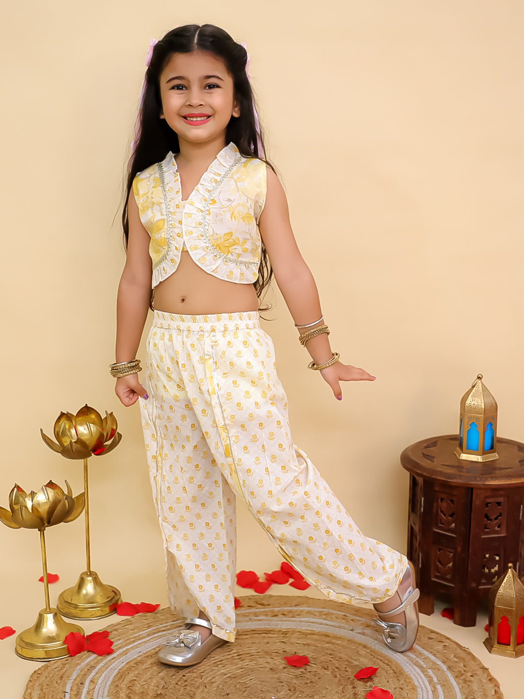 Boys Mustard Cotton Full sleeves Floral Print Kurta Pyjama Set and Mustard Cotton Sleeveless Floral Printed Girls Sibling Set